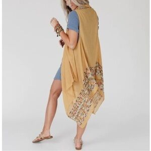 Boho Mustard Embroidered Sleeveless Kimono Layering Top NEW